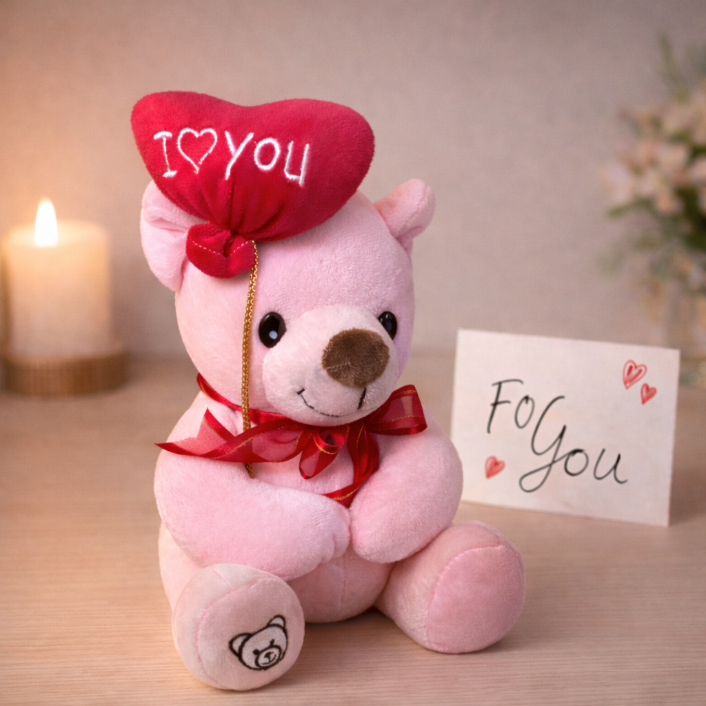 Cute Pink Valentine Teddy Bear with I Love You Heart Balloon 25cm