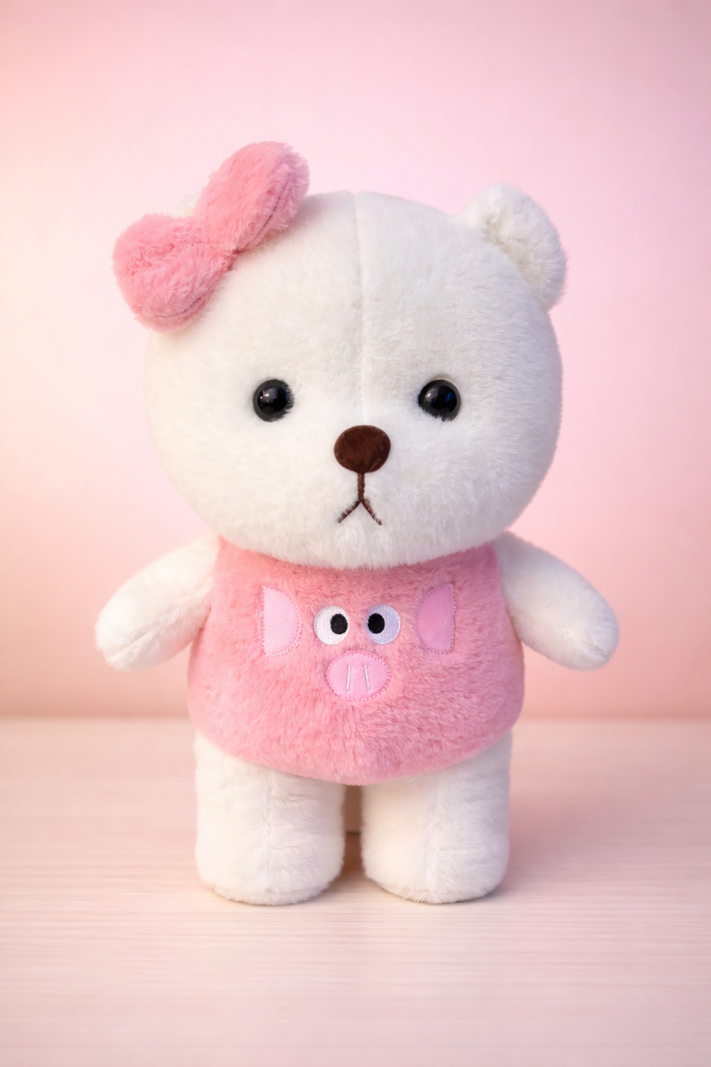 SugarPlum Cute White Teddy Bear with Pink Bow & Piglet Sweater 30Cm