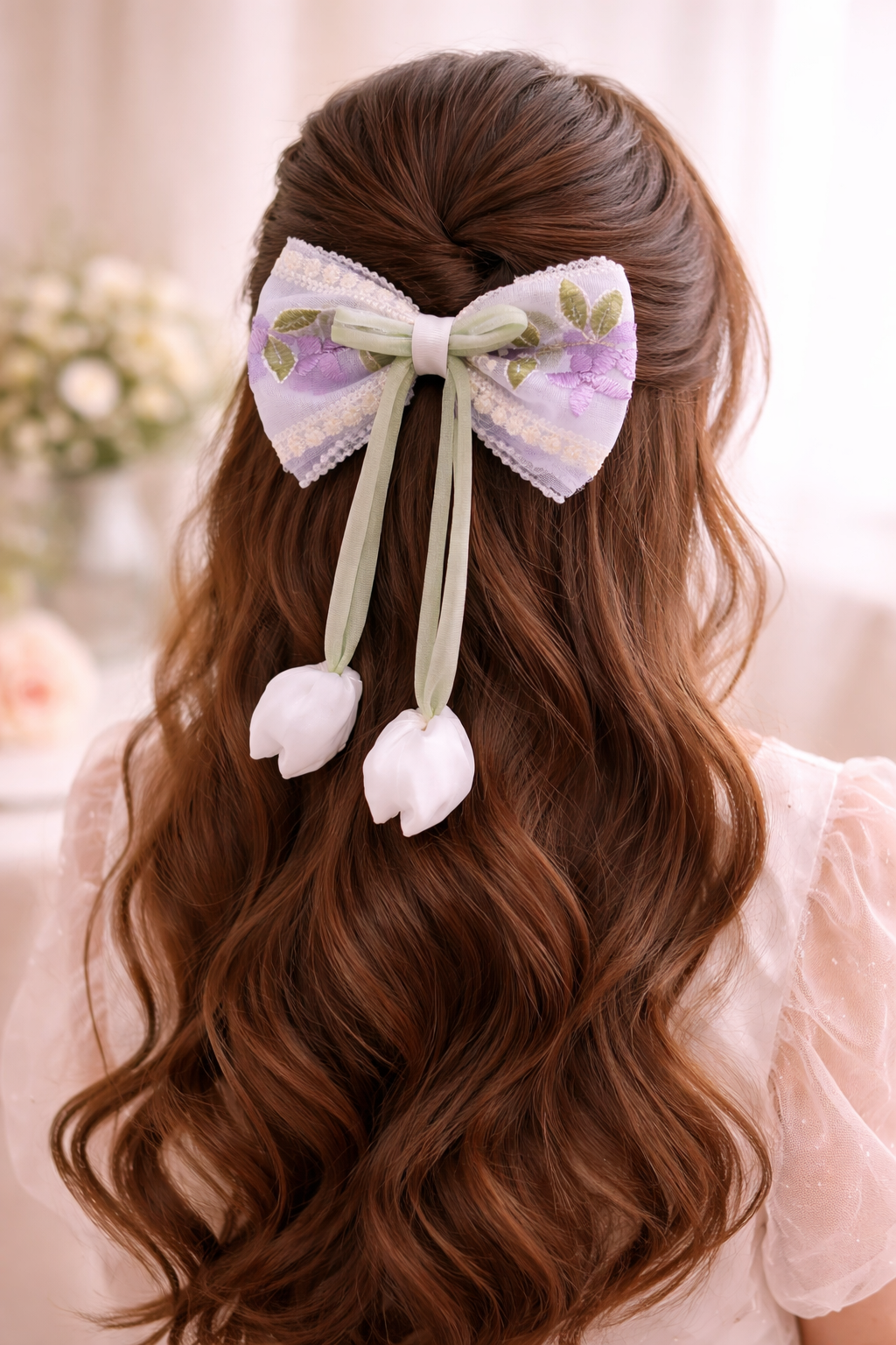 Elegant Lavender Floral Lace Hair Bow Clip with Pearl Details – Vintage Pastel Ribbon Bow Hair Accessory for Girls & Women