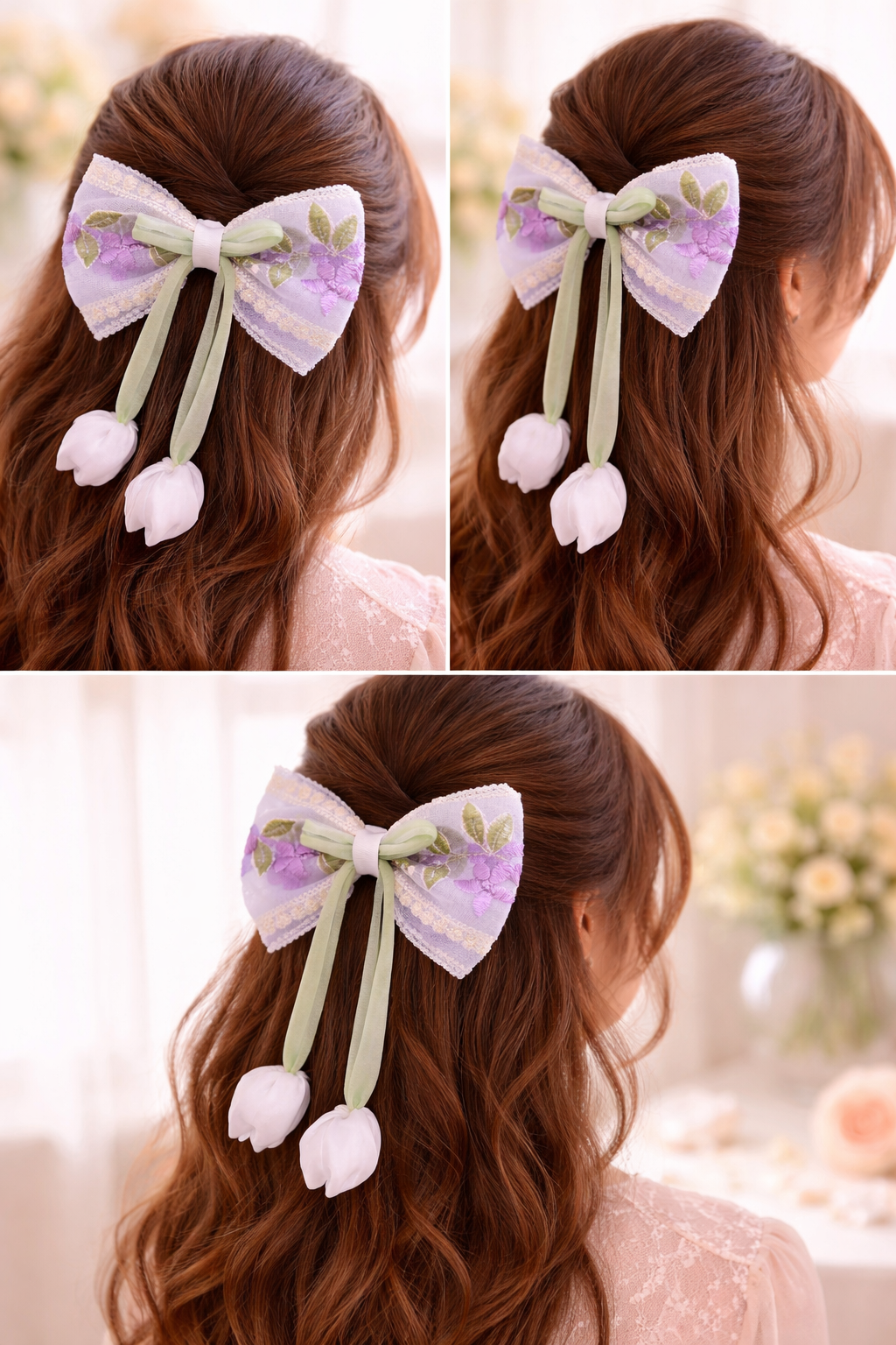 Elegant Lavender Floral Lace Hair Bow Clip with Pearl Details – Vintage Pastel Ribbon Bow Hair Accessory for Girls & Women