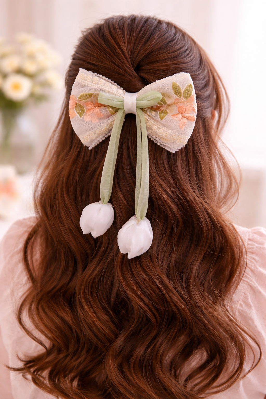 Elegant Peach Floral Lace Hair Bow Clip with Pearl Details – Vintage Pastel Ribbon Bow Hair Accessory for Girls & Women