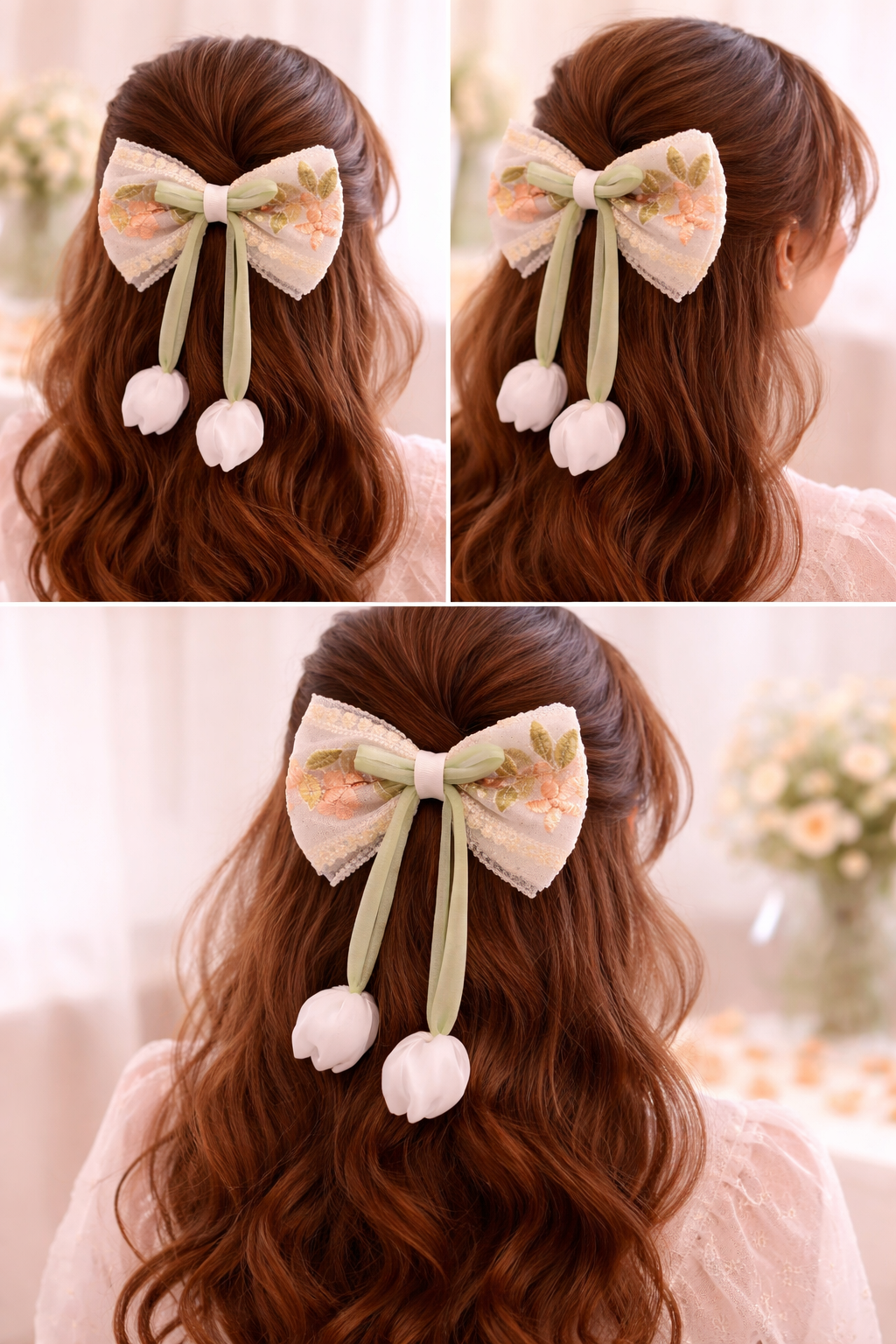 Elegant Peach Floral Lace Hair Bow Clip with Pearl Details – Vintage Pastel Ribbon Bow Hair Accessory for Girls & Women