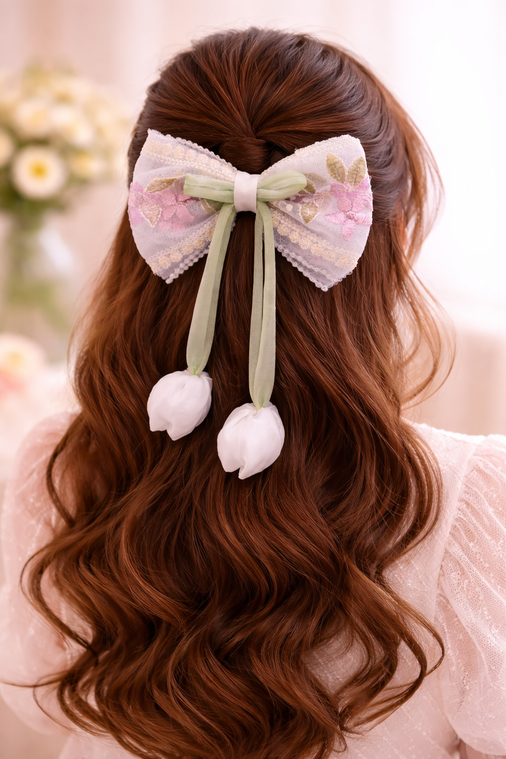 Elegant Pink Floral Lace Hair Bow Clip with Pearl Details – Vintage Pastel Ribbon Bow Hair Accessory for Girls & Women